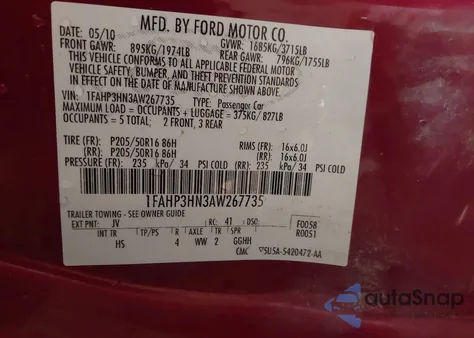 2010 Ford Focus Sel из США, поврежденный, VIN 1FAHP3HN3AW267735